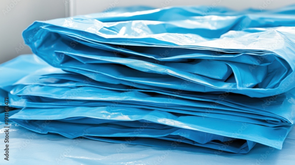 disposable surgical isolation gown level 3 A neatly stacked pile of vibrant blue waterproof medical isolation gowns, specifically designed from protective material for healthcare safety.