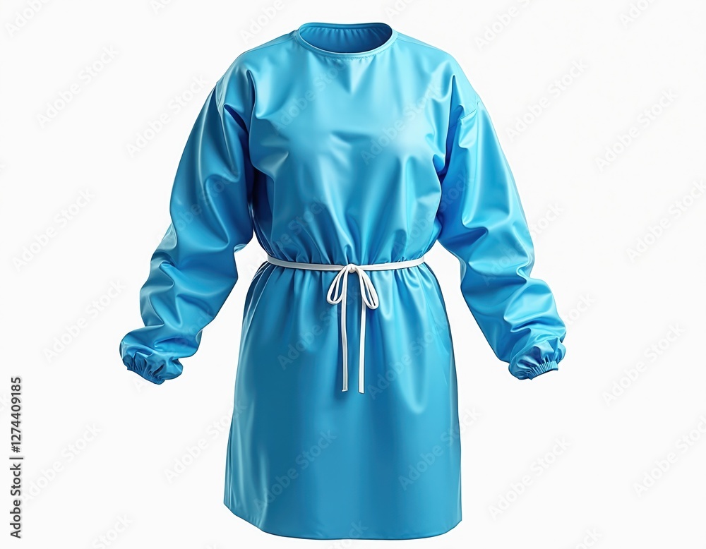 disposable surgical isolation gown level 3 Illustration of blue disposable medical gown with long sleeves, ties at waist, wrist. Protective sterile clothing for healthcare professionals. Doctors wear for hospital hygiene, surgery, health
