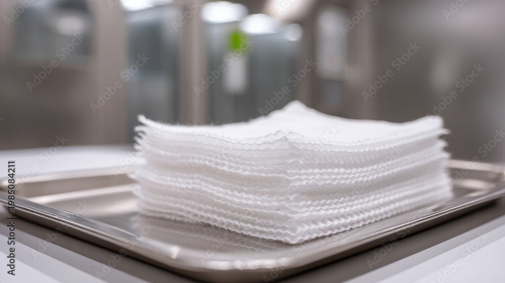 sterile gauze pads 4x4 in (200 count) Stack of sterile white gauze pads with precisely folded edges on a metallic tray, perfect for medical and healthcare applications.