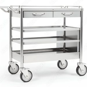Stainless Steel Utility Cart: Modern Design with Three Shelves and Drawers