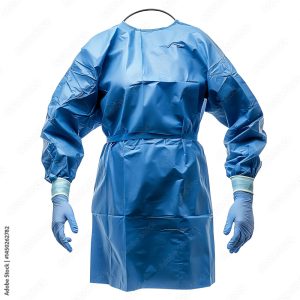 Surgical gown, prepared for medical procedure. The gown is a vital element in maintaining a sterile and safe environment in the operating room. The gown has long sleeves, and the color is bright blue.