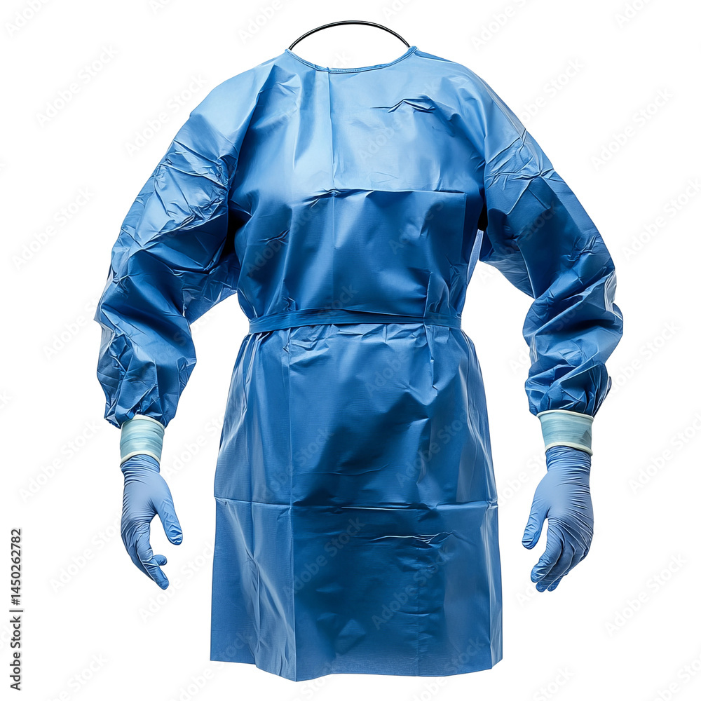 disposable surgical isolation gown level 3 Surgical gown, prepared for medical procedure. The gown is a vital element in maintaining a sterile and safe environment in the operating room. The gown has long sleeves, and the color is bright blue.