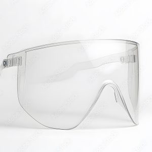 Transparent protective face shield. An anti-fog, wraparound design for optimal visibility and safety. Protects against splashes and airborne particles.